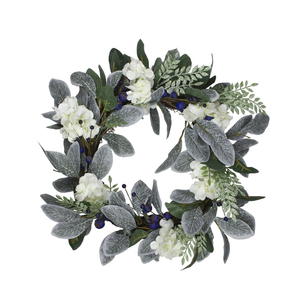 Iced Hydrangeas Blueberries and Foliage Christmas Wreath - 26 Inch Unlit. Picture 1