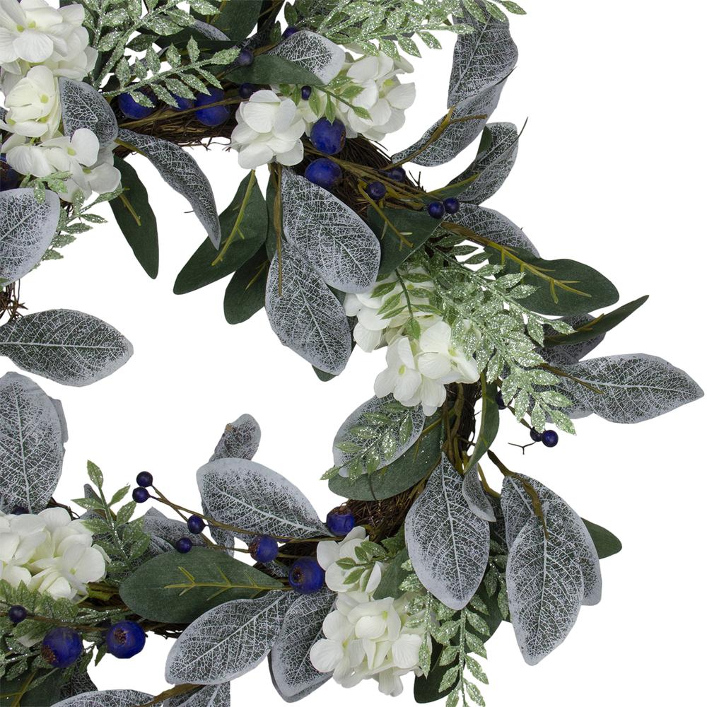 Iced Hydrangeas Blueberries and Foliage Christmas Wreath - 26 Inch Unlit. Picture 3