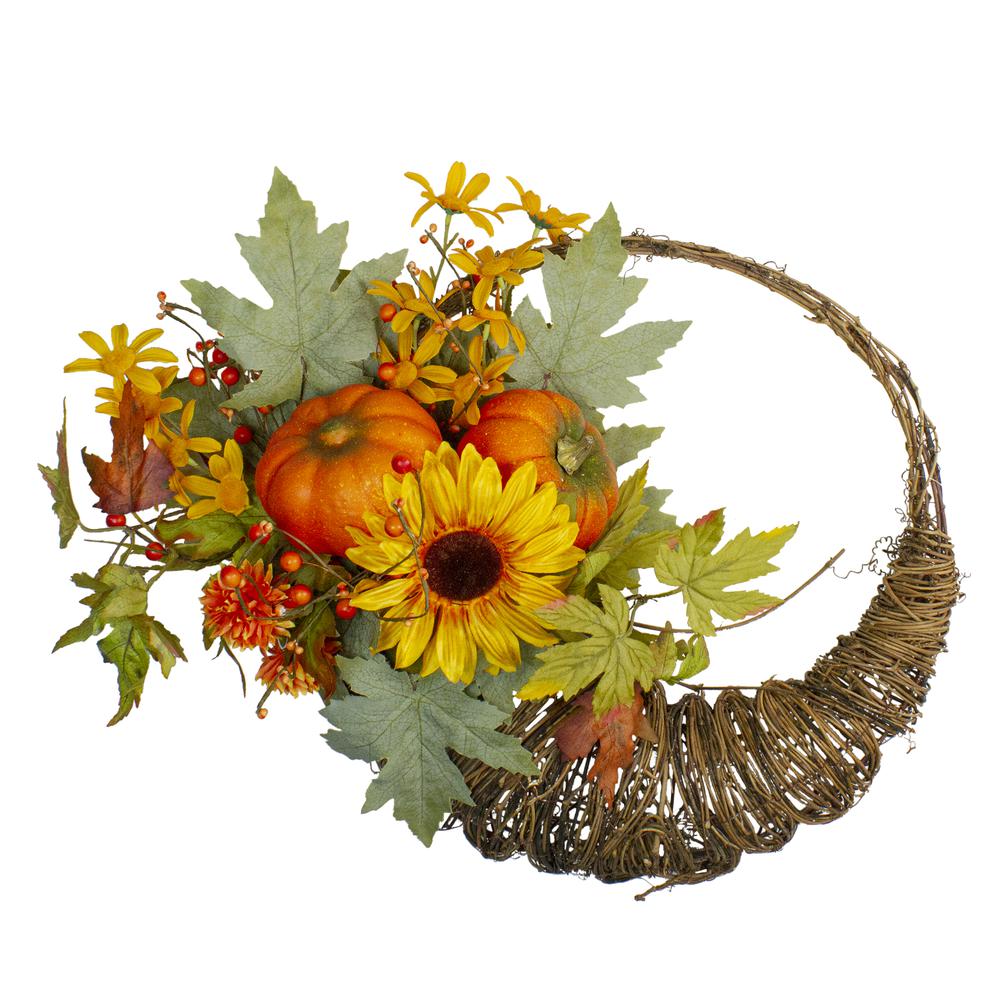 Cornucopia and Sunflower with Pumpkins Artificial Thanksgiving Wreath. Picture 1
