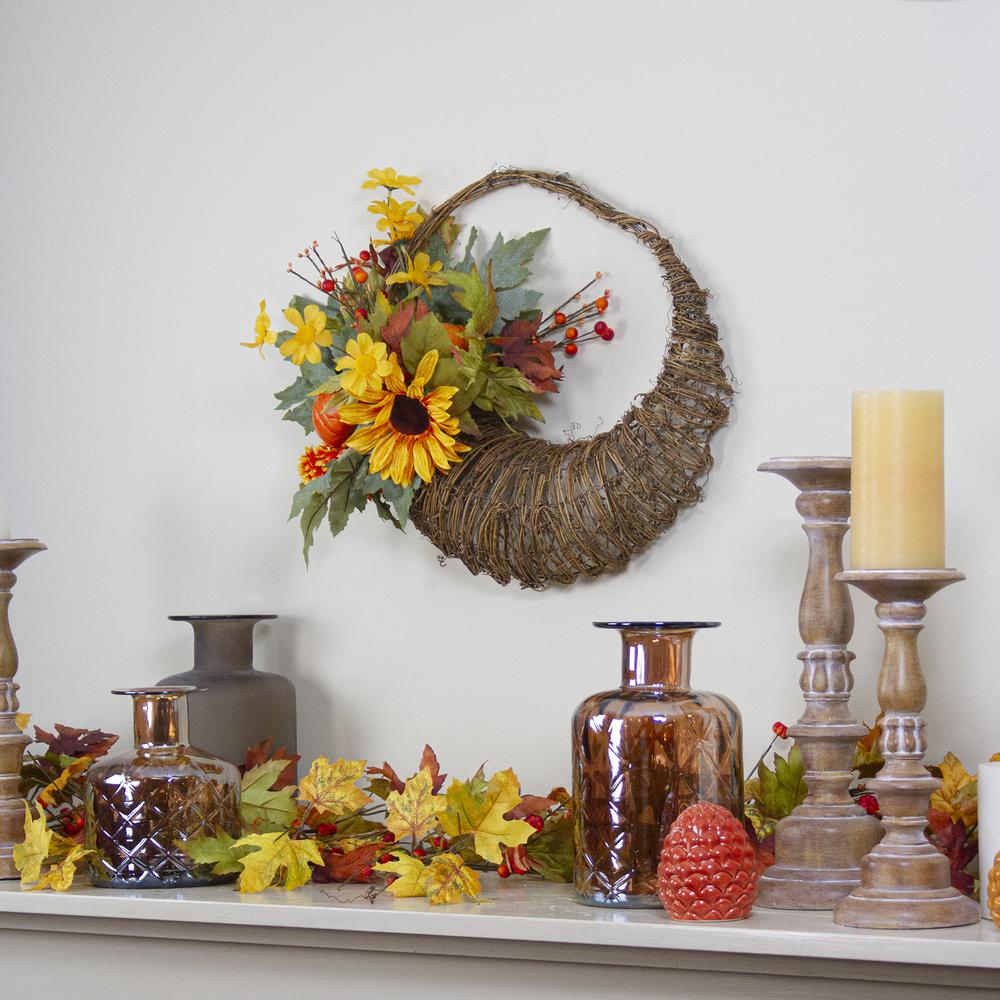 Cornucopia and Sunflower with Pumpkins Artificial Thanksgiving Wreath. Picture 3