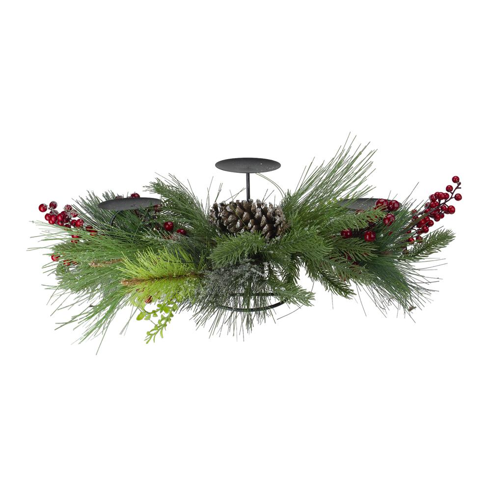 32" Iced Mixed Pine  Berries and Pine Cones Christmas Pillar Candle Holder. Picture 1