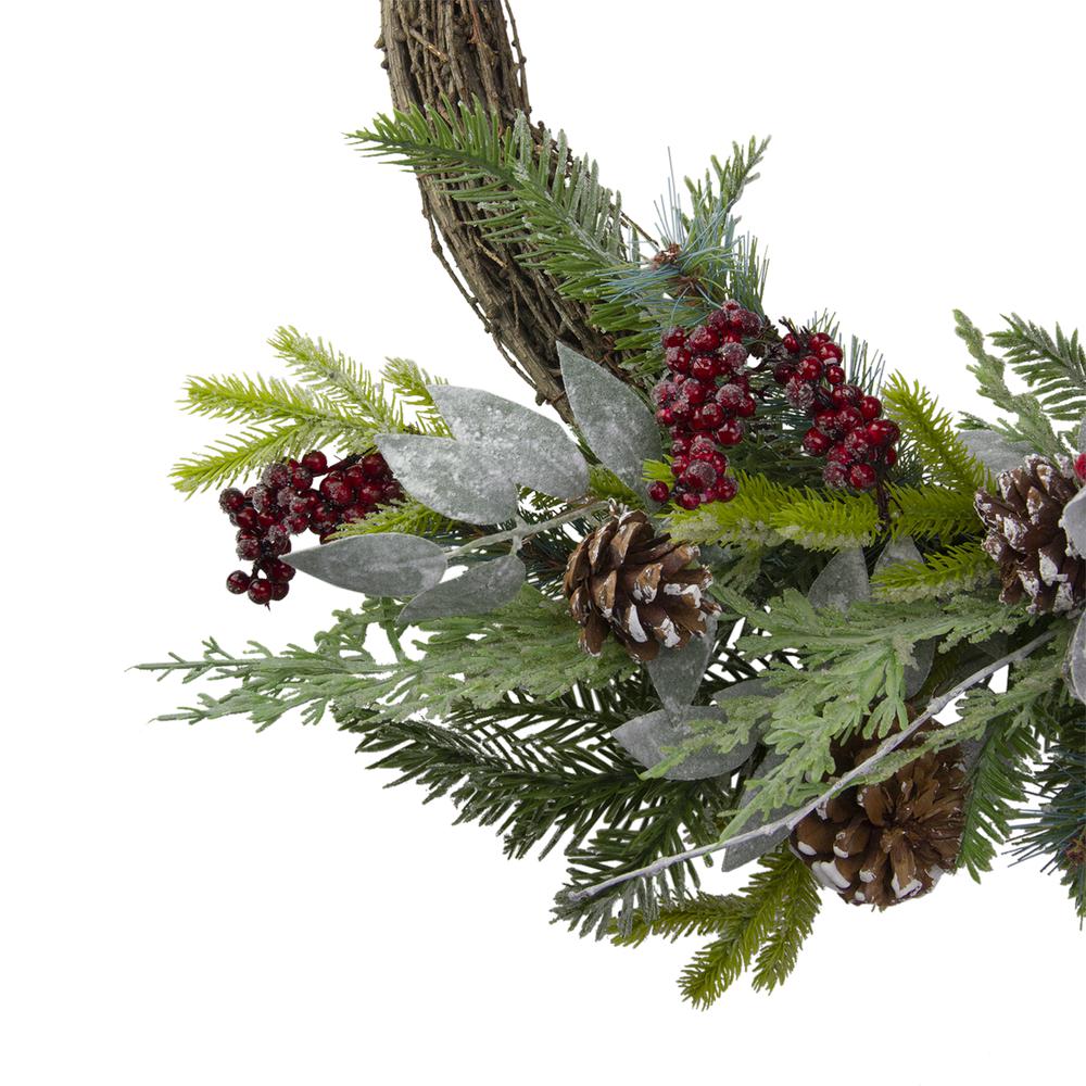 Icy Winter Foliage and Plaid Bow Artificial Christmas Twig Wreath 23 inch Unlit. Picture 3