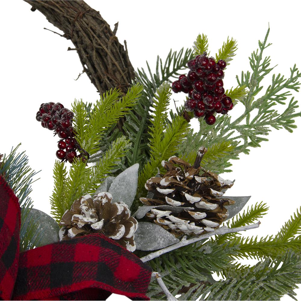 Icy Winter Foliage and Plaid Bow Artificial Christmas Twig Wreath 23 inch Unlit. Picture 4