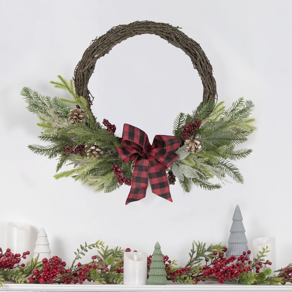 Icy Winter Foliage and Plaid Bow Artificial Christmas Twig Wreath 23 inch Unlit. Picture 2