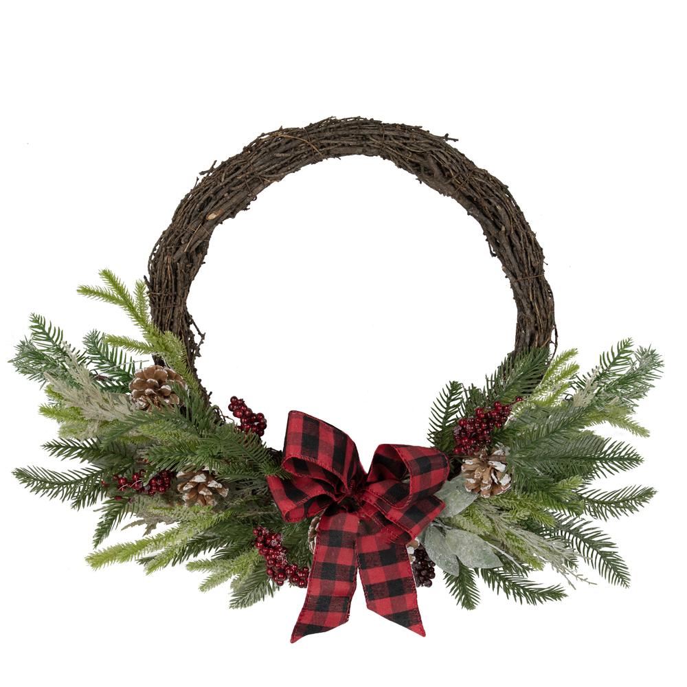 Icy Winter Foliage and Plaid Bow Artificial Christmas Twig Wreath 23 inch Unlit. Picture 1