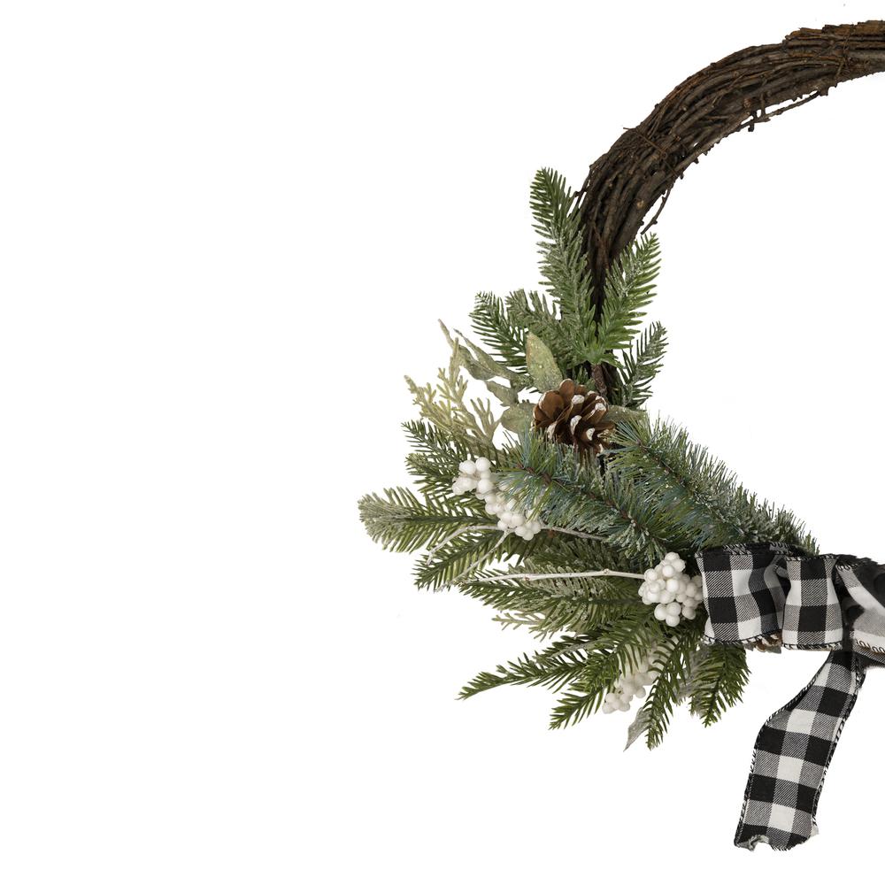 Plaid Bow and Winter Foliage Artificial Christmas Twig Wreath - 23-inch  Unlit. Picture 4