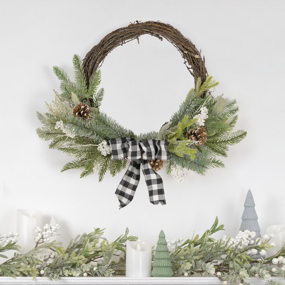 Plaid Bow and Winter Foliage Artificial Christmas Twig Wreath - 23-inch  Unlit. Picture 2