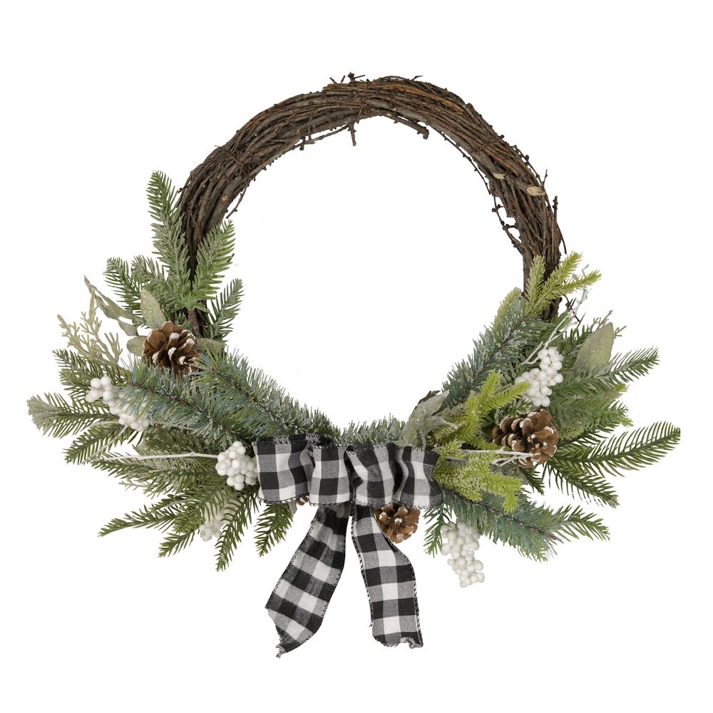 Plaid Bow and Winter Foliage Artificial Christmas Twig Wreath - 23-inch  Unlit. Picture 1