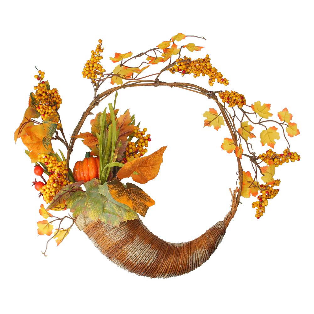 Fall Leaves  Berries and Pumpkins Artificial Thanksgiving Cornucopia Wreath - 18-Inch  Unlit. Picture 1