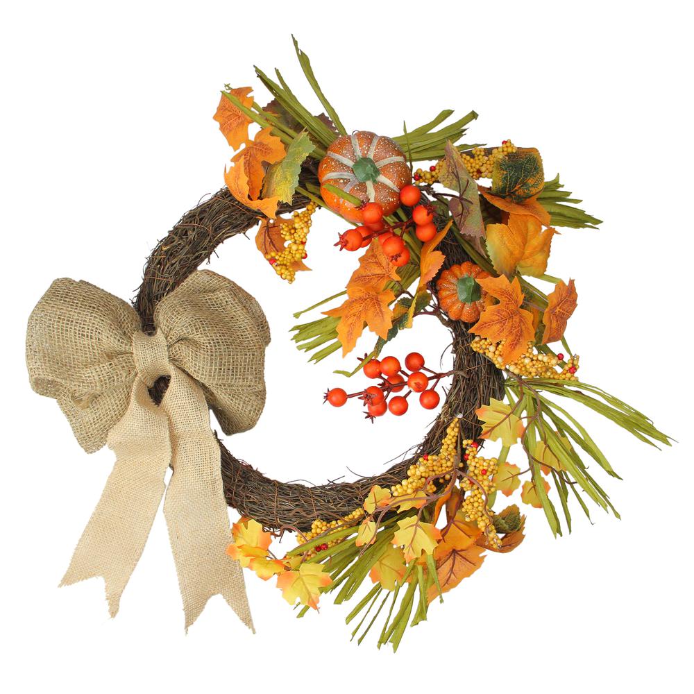 Orange Pumpkins and Berries with Bow Artificial Wreath - 20-Inch  Unlit. Picture 1