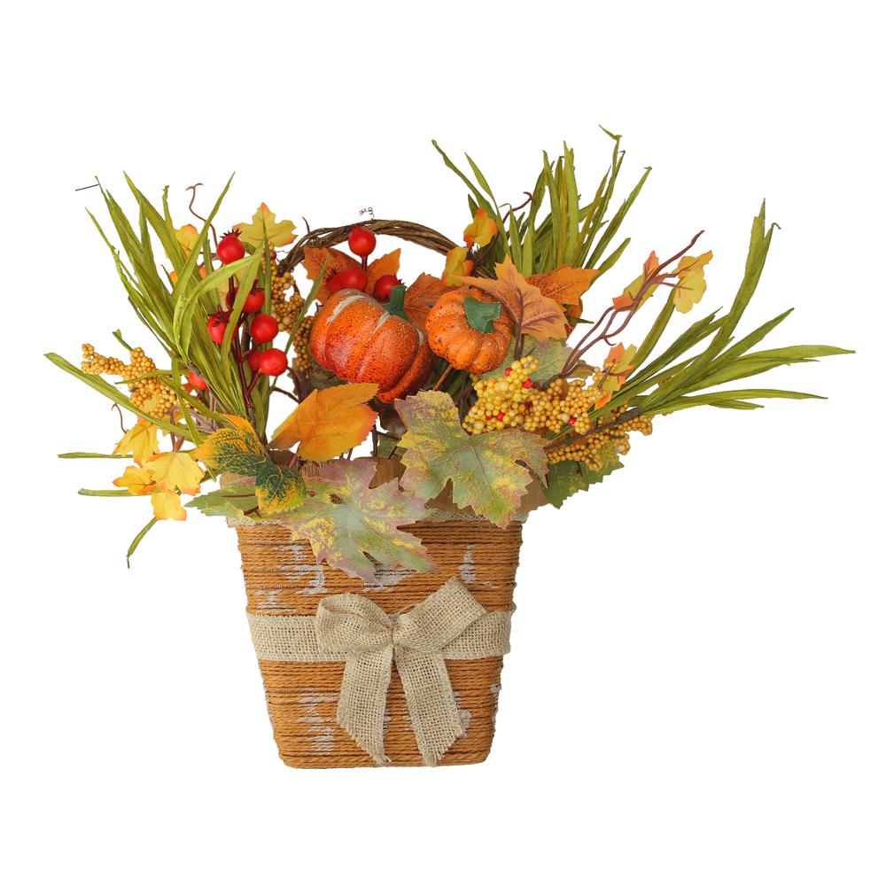 18" Green and Yellow Fall Leaves with Bow Artificial Thanksgiving Basket. The main picture.