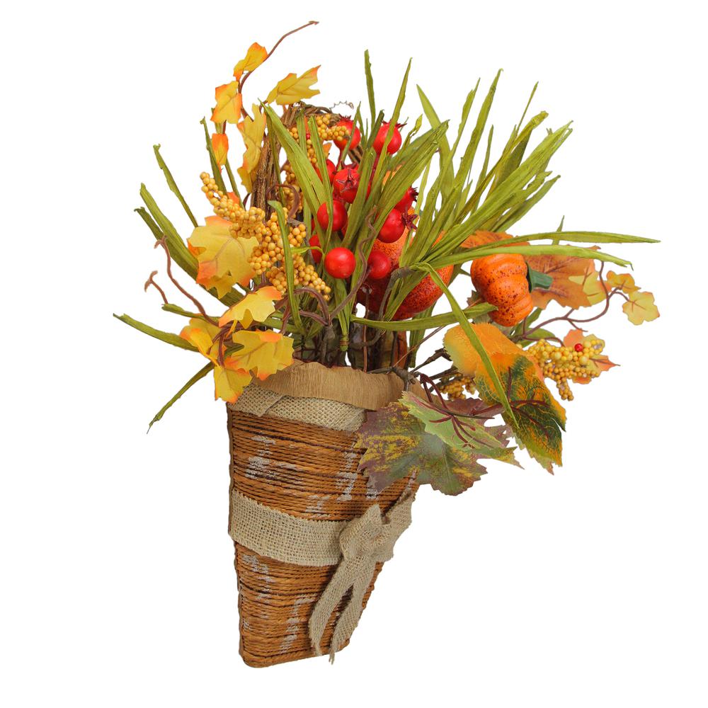 18" Green and Yellow Fall Leaves with Bow Artificial Thanksgiving Basket. Picture 2