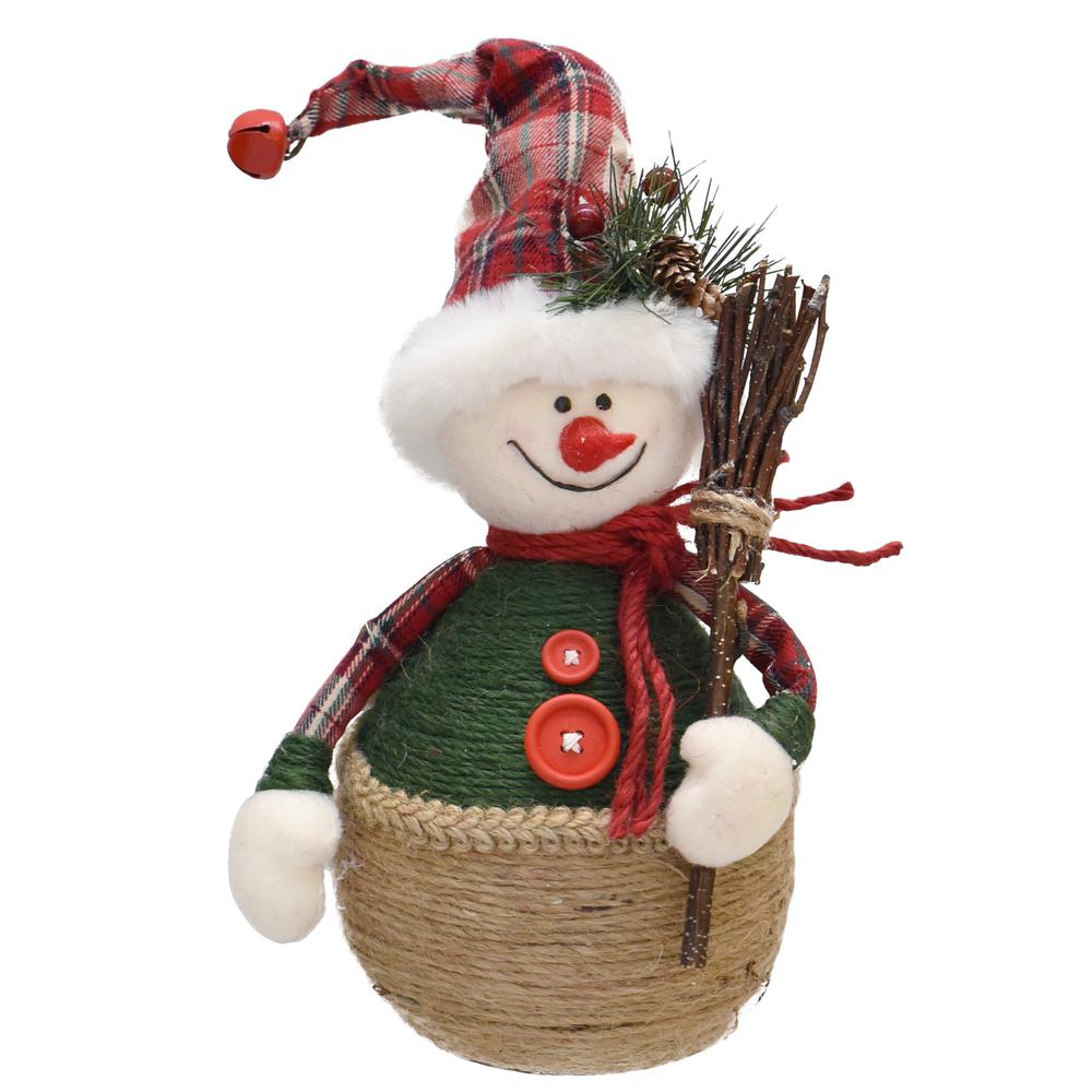 14.5" Green and Red Plaid Snowman with Broom Tabletop Christmas Figurine. Picture 2