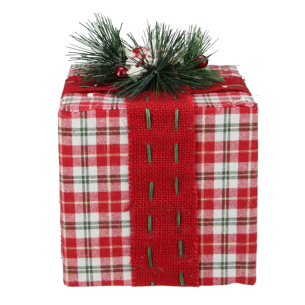 8" Red and Green Plaid Square Gift Box with Pine Bow Table Top Christmas Accent. Picture 2