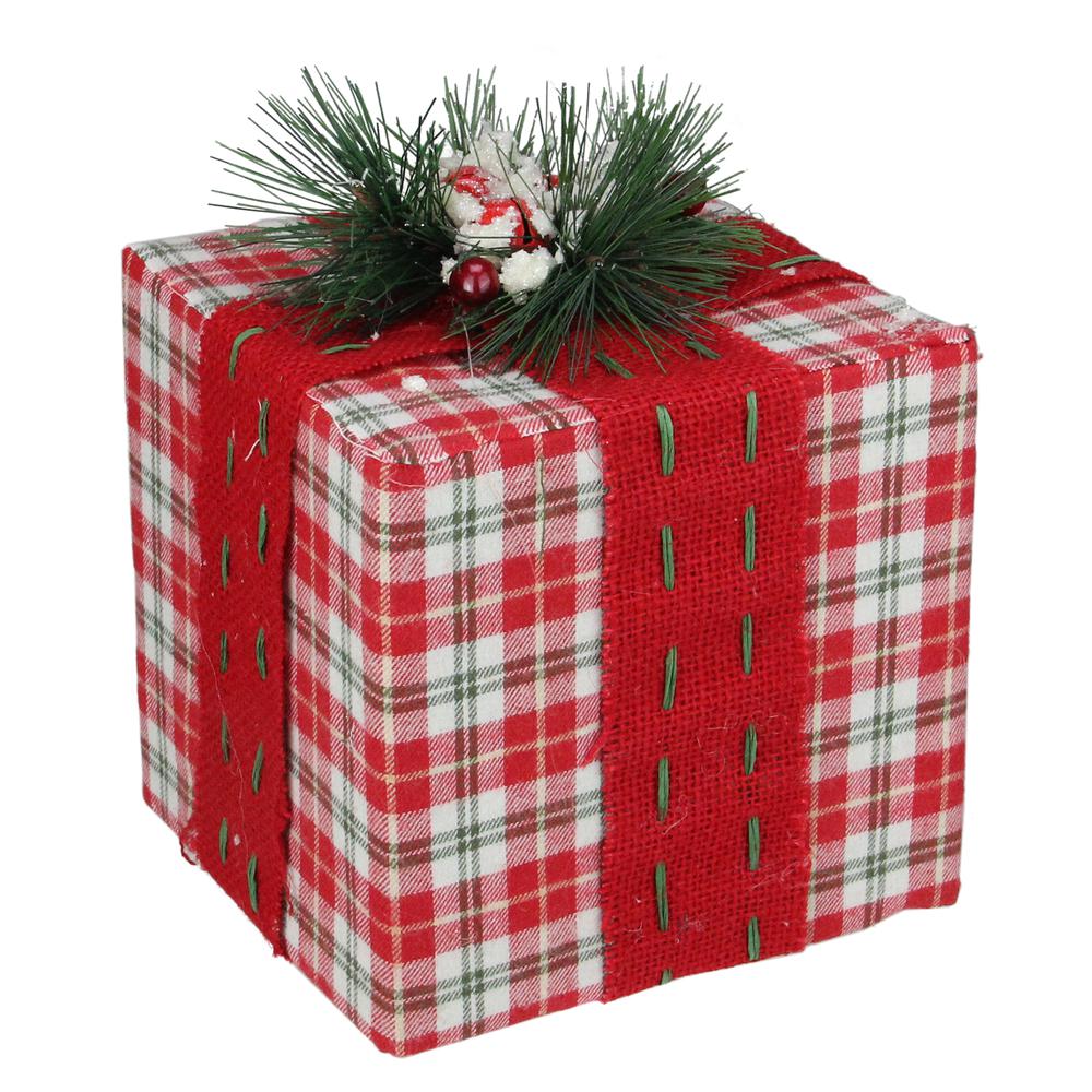 8" Red and Green Plaid Square Gift Box with Pine Bow Table Top Christmas Accent. The main picture.