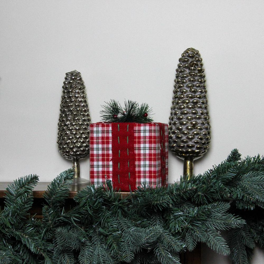 8" Red and Green Plaid Square Gift Box with Pine Bow Table Top Christmas Accent. Picture 3