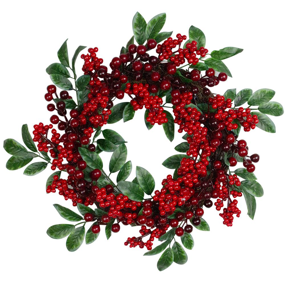 Red Berries and Two-Tone Green Leaves Christmas Wreath - 18-Inch Unlit. Picture 1