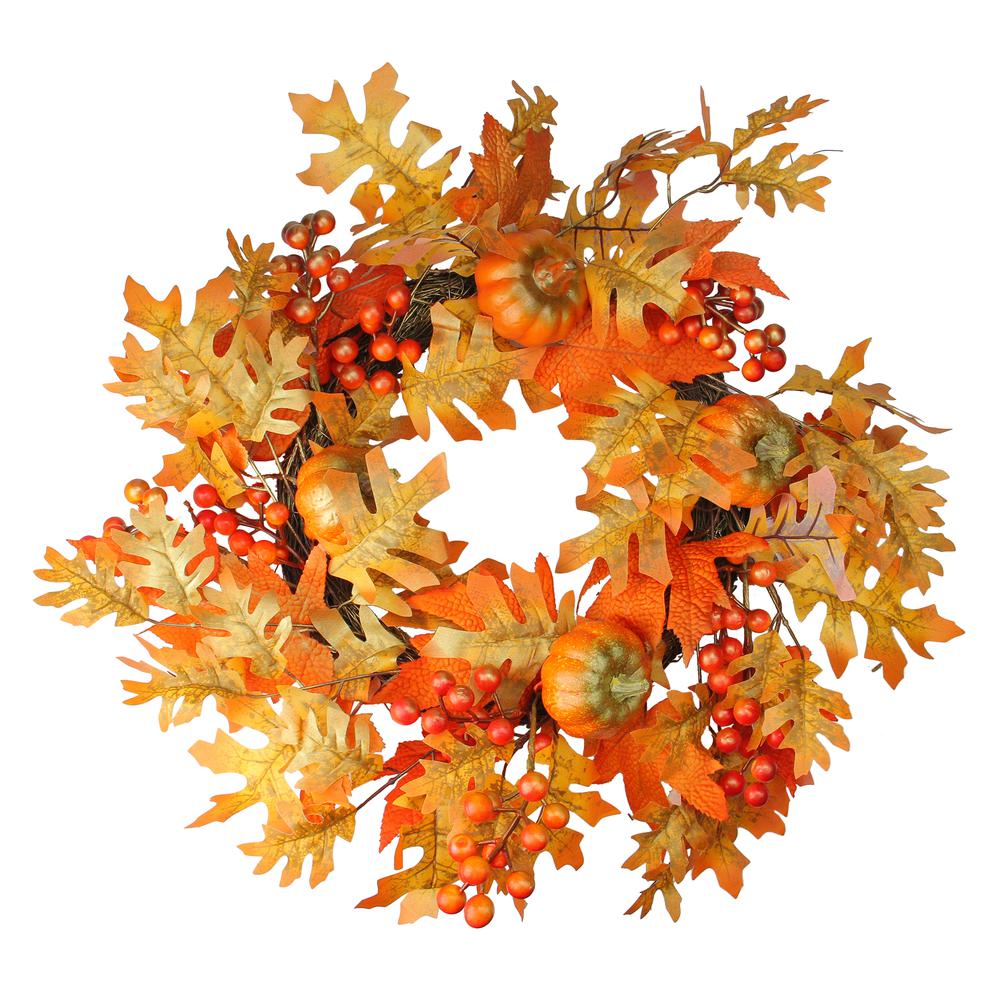 Fall Leaves  Pumpkins and Berries Artificial Thanksgiving Wreath  22-Inch  Unlit. Picture 1