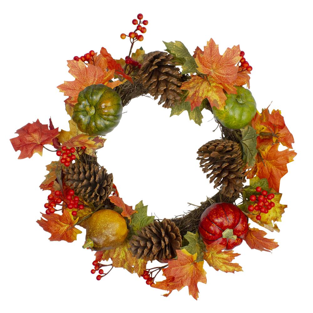 Leaves  Pine Cones and Pumpkins Artificial Fall Harvest Wreath - 20-Inch  Unlit. Picture 1