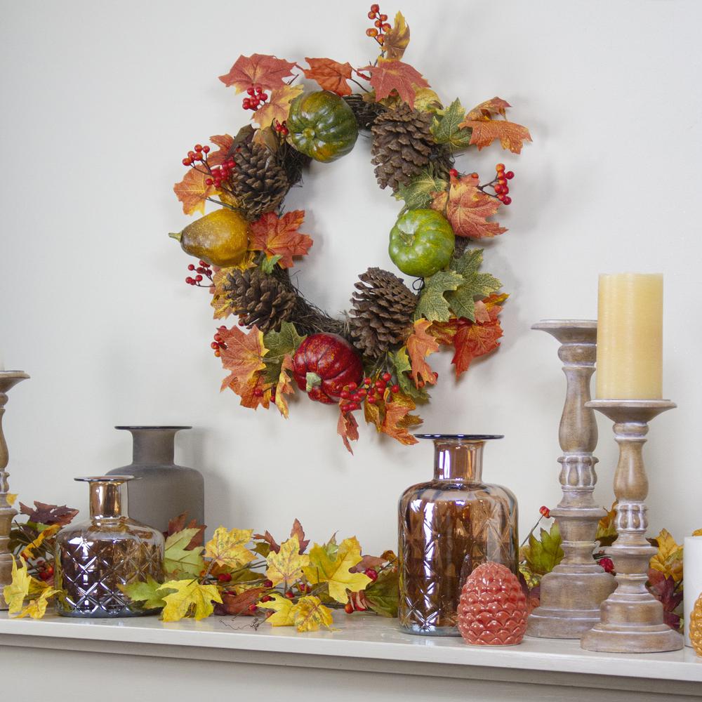 Leaves  Pine Cones and Pumpkins Artificial Fall Harvest Wreath - 20-Inch  Unlit. Picture 2