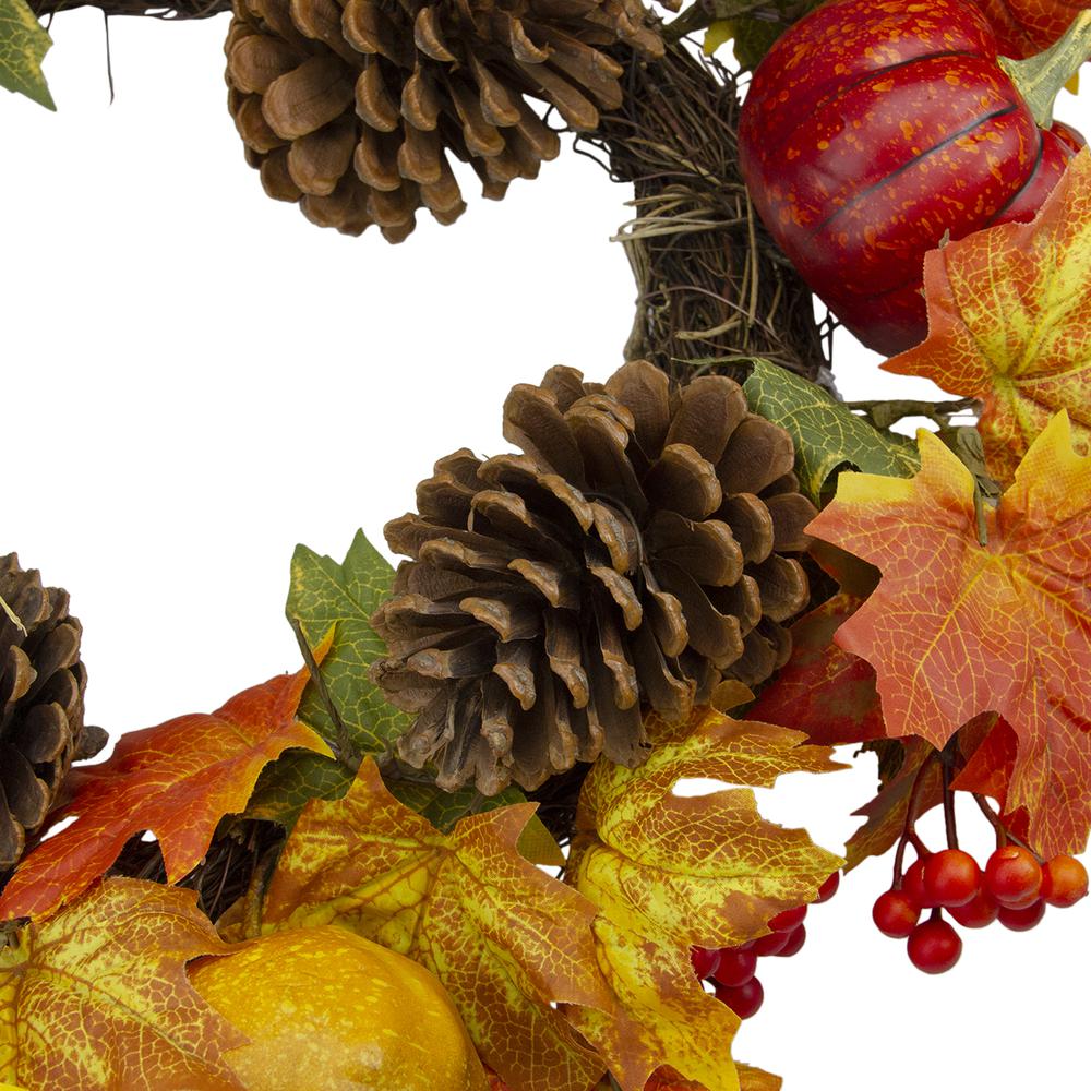 Leaves  Pine Cones and Pumpkins Artificial Fall Harvest Wreath - 20-Inch  Unlit. Picture 4