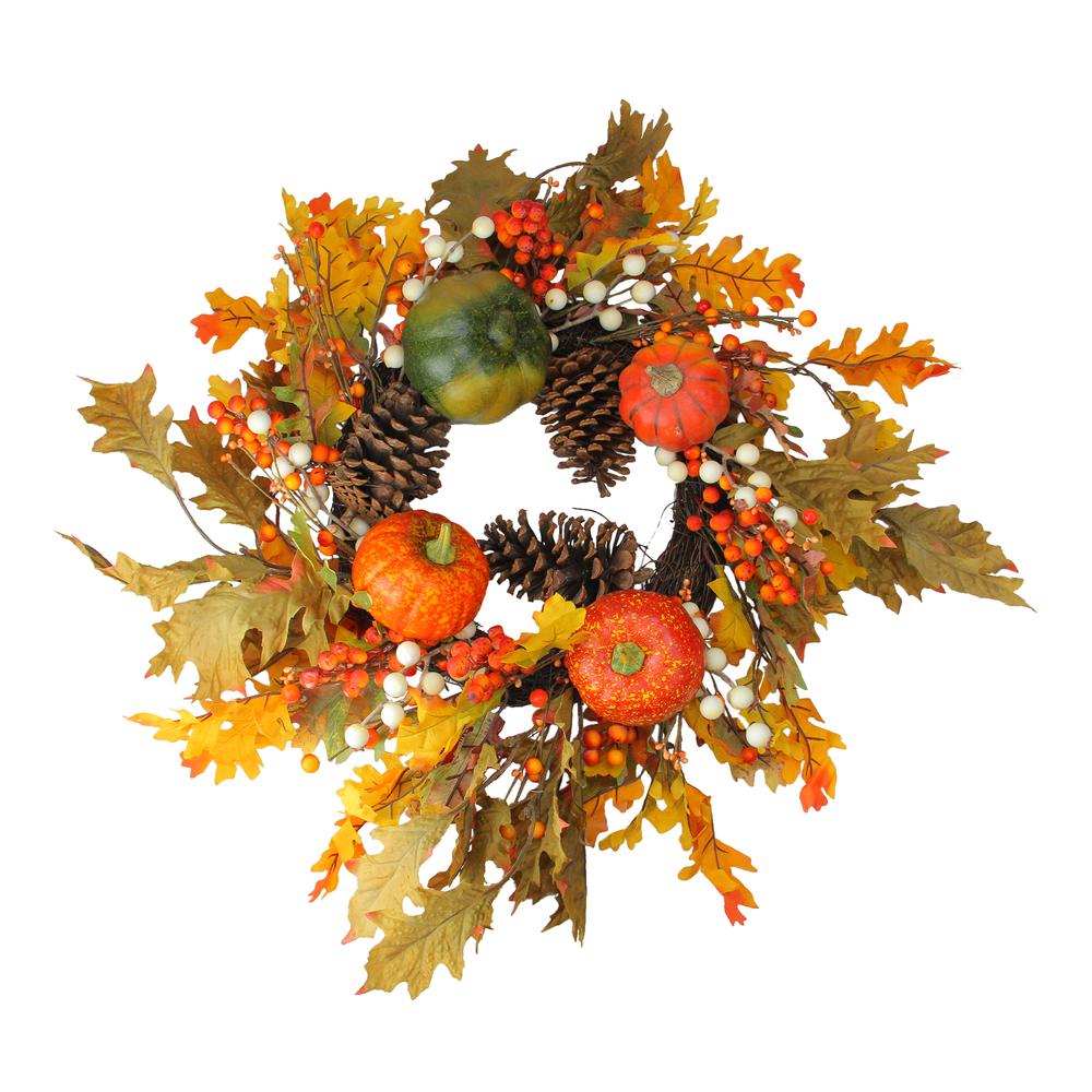 Fallen Leaves with Pine Cones and Pumpkins Artificial Thanksgiving Wreath  Orange 24-Inch. Picture 1
