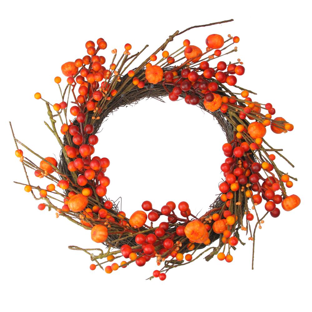 Red and Orange Fall Berry and Mini Pumpkin Artificial Thanksgiving Wreath - 20-Inch  Unlit. Picture 1