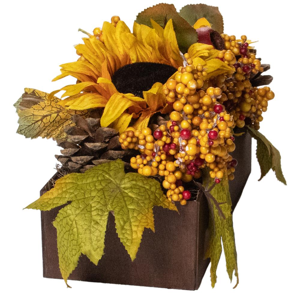 10" Yellow and Brown Sunflowers and Leaves Fall Harvest Floral Arrangement. Picture 2