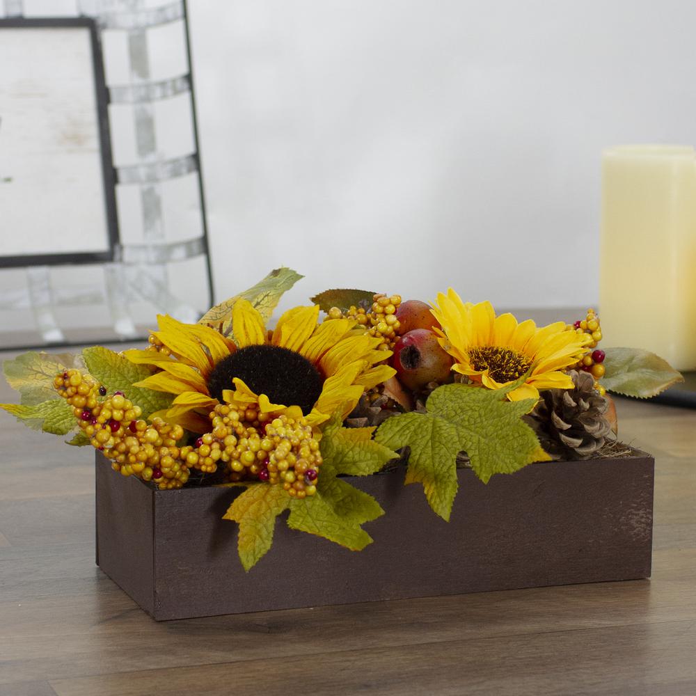 10" Yellow and Brown Sunflowers and Leaves Fall Harvest Floral Arrangement. Picture 5