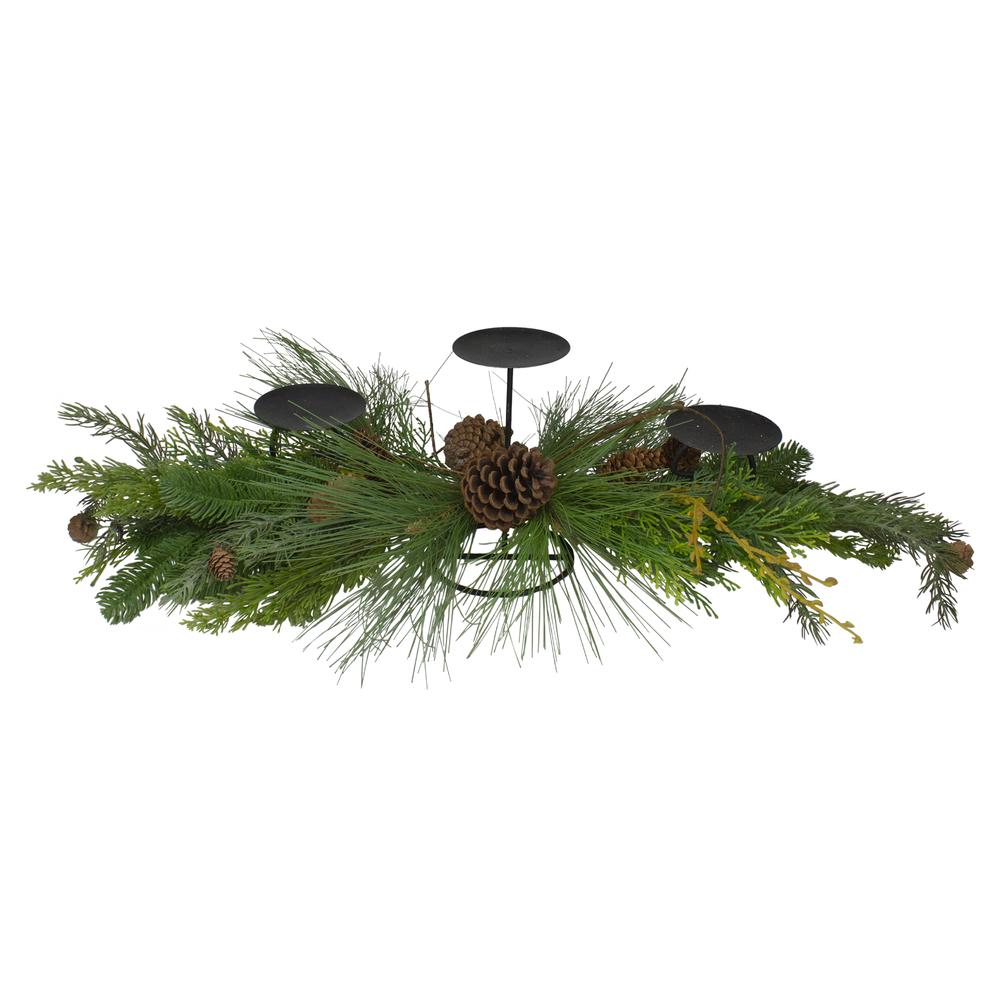 32" Brown and Green Artificial Pine Cone and Pine Needle Christmas Candle Holder. Picture 1