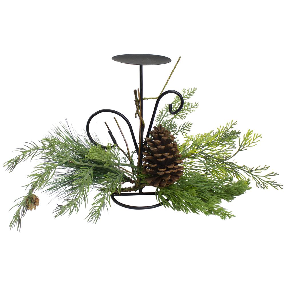 10" Green Artificial Sprigs and Pine Cone Christmas Candle Holder. Picture 1