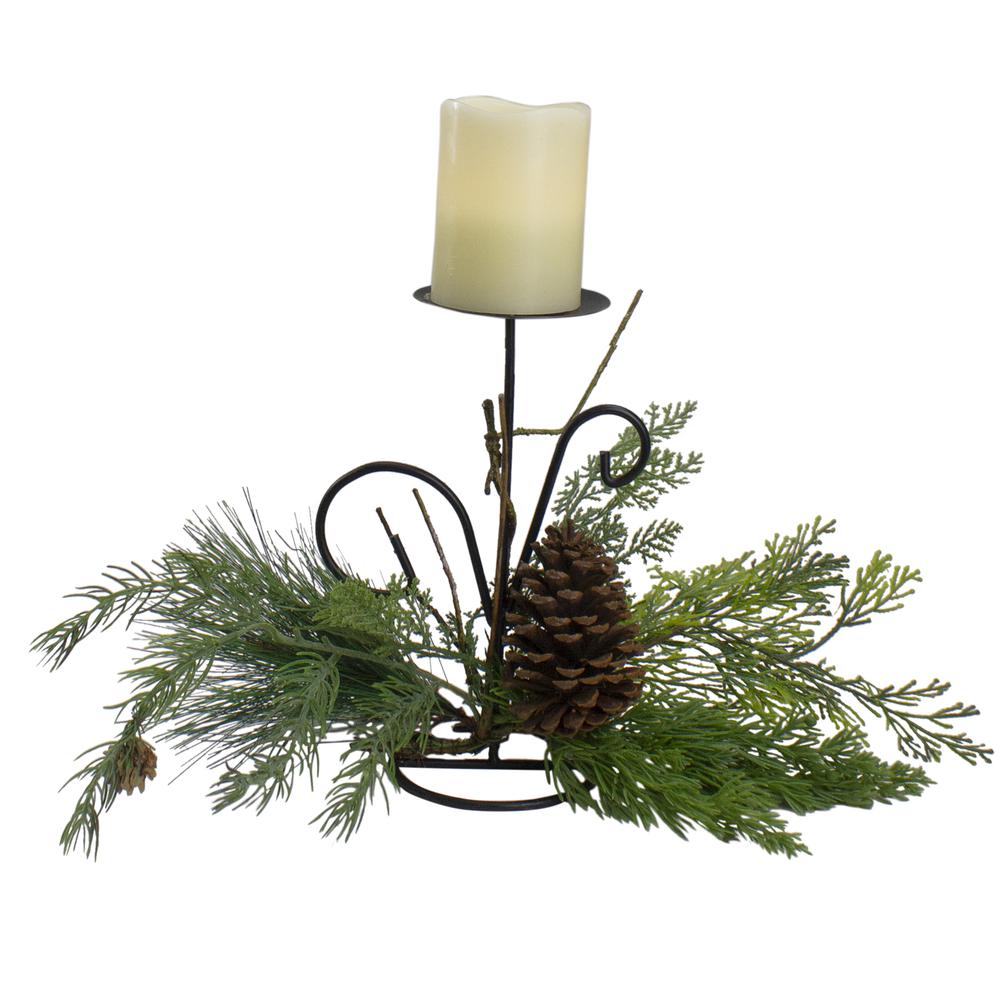 10" Green Artificial Sprigs and Pine Cone Christmas Candle Holder. Picture 3