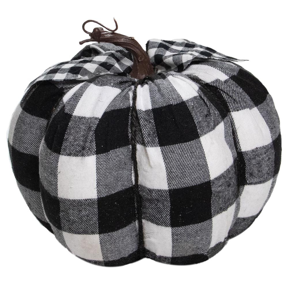 7" Black and White Buffalo Plaid Fall Harvest Tabletop Pumpkin. Picture 1