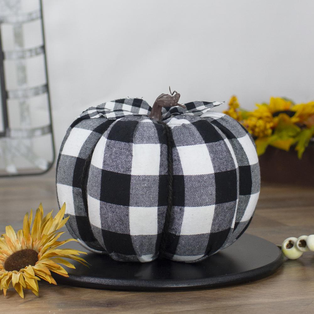 7" Black and White Buffalo Plaid Fall Harvest Tabletop Pumpkin. Picture 4