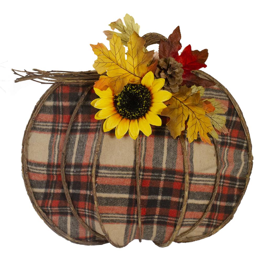 14" Orange and Brown Plaid Fall Harvest Pumpkin Wall Decor. Picture 1