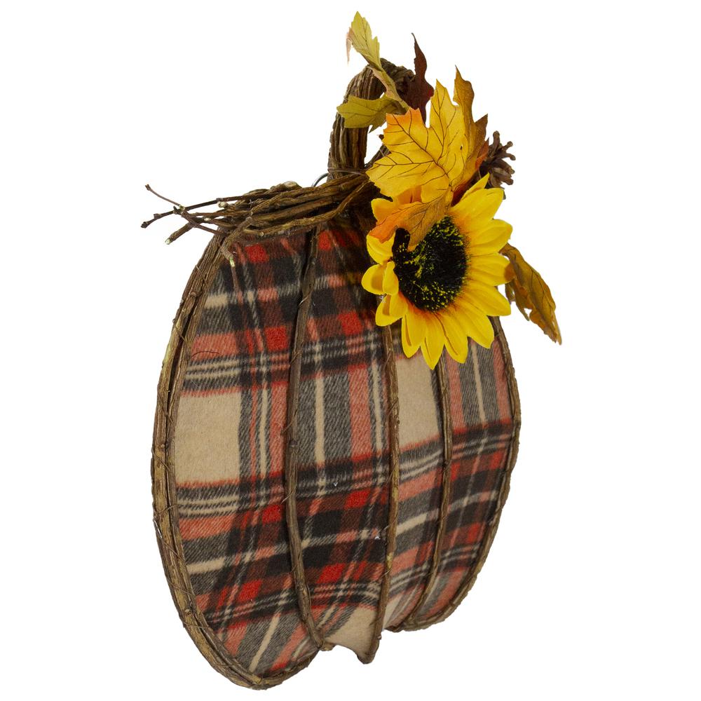 14" Orange and Brown Plaid Fall Harvest Pumpkin Wall Decor. Picture 3
