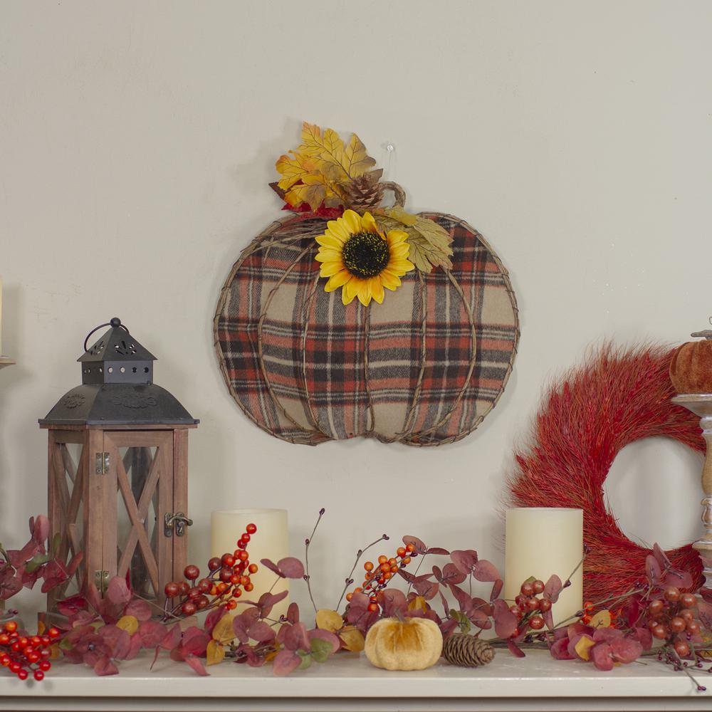 14" Orange and Brown Plaid Fall Harvest Pumpkin Wall Decor. Picture 4
