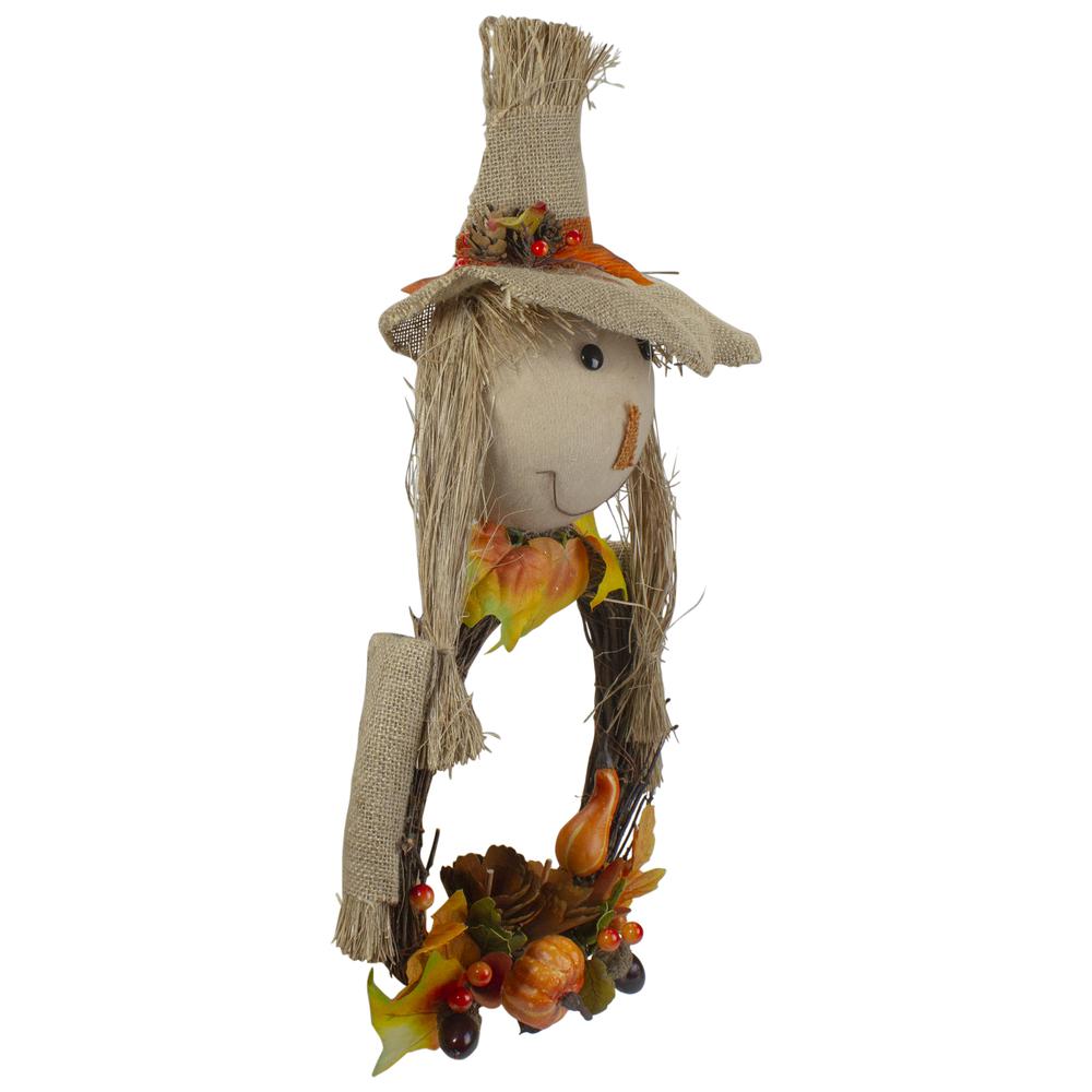 20" Yellow and Tan Fall Harvest Scarecrow Artificial Wreath Wall Decor. Picture 2
