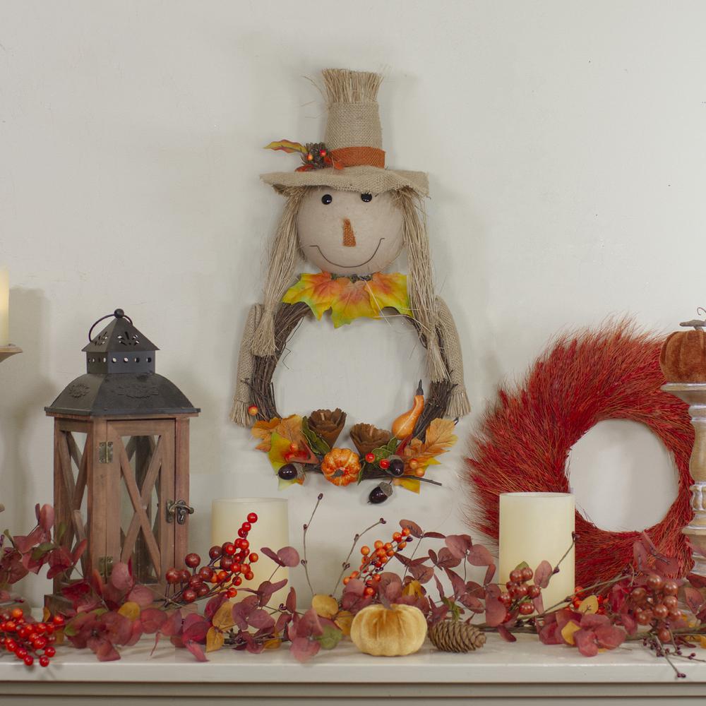 20" Yellow and Tan Fall Harvest Scarecrow Artificial Wreath Wall Decor. Picture 4