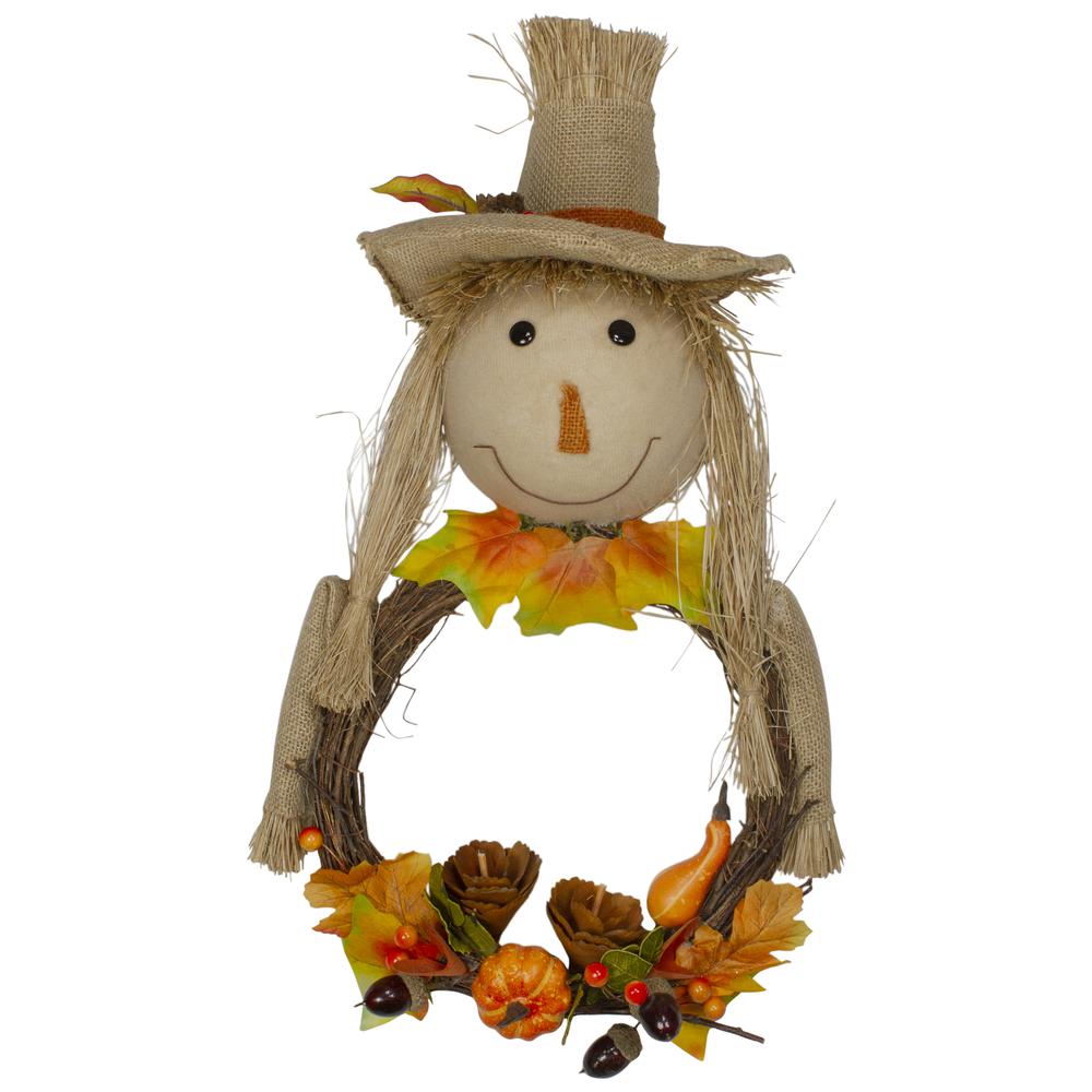 20" Yellow and Tan Fall Harvest Scarecrow Artificial Wreath Wall Decor. Picture 1