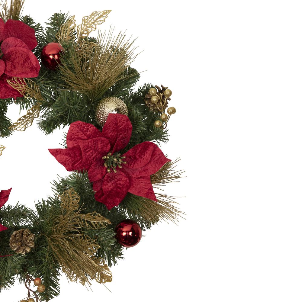 Poinsettias and Ball Ornaments Artificial Christmas Wreath - 24-Inch  Unlit. Picture 4
