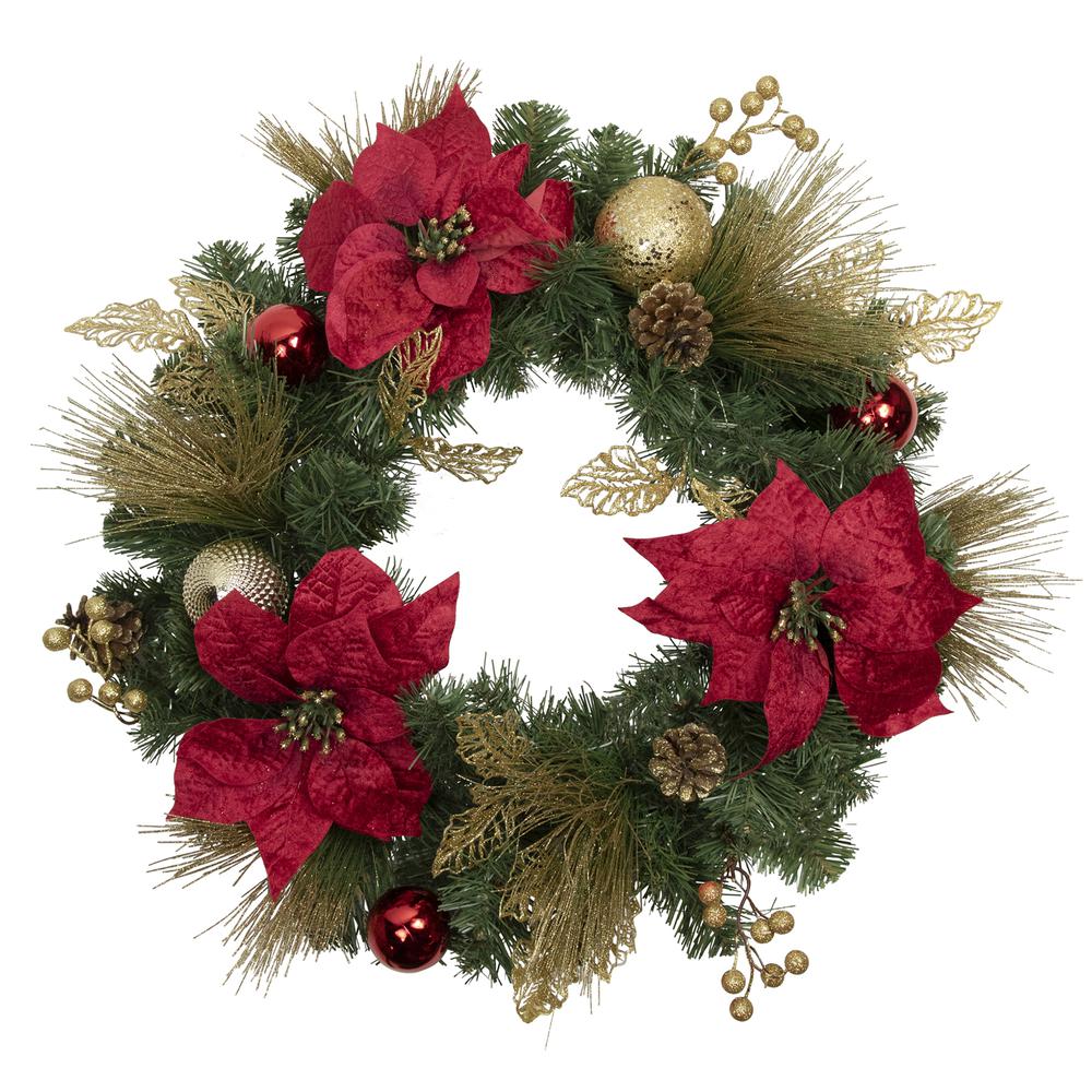 Poinsettias and Ball Ornaments Artificial Christmas Wreath - 24-Inch  Unlit. Picture 1