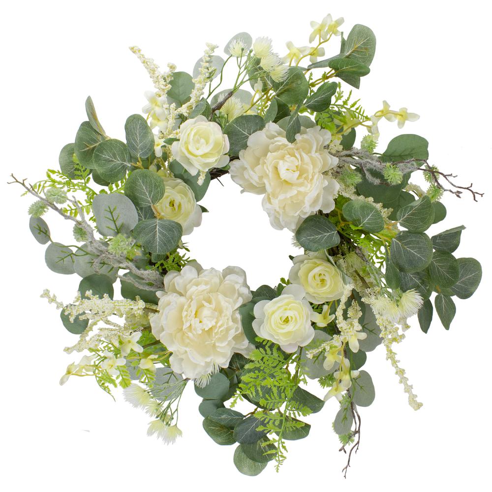 Peony  Rose and Mixed Foliage Artificial Spring Wreath  Unlit   20-Inch. Picture 1