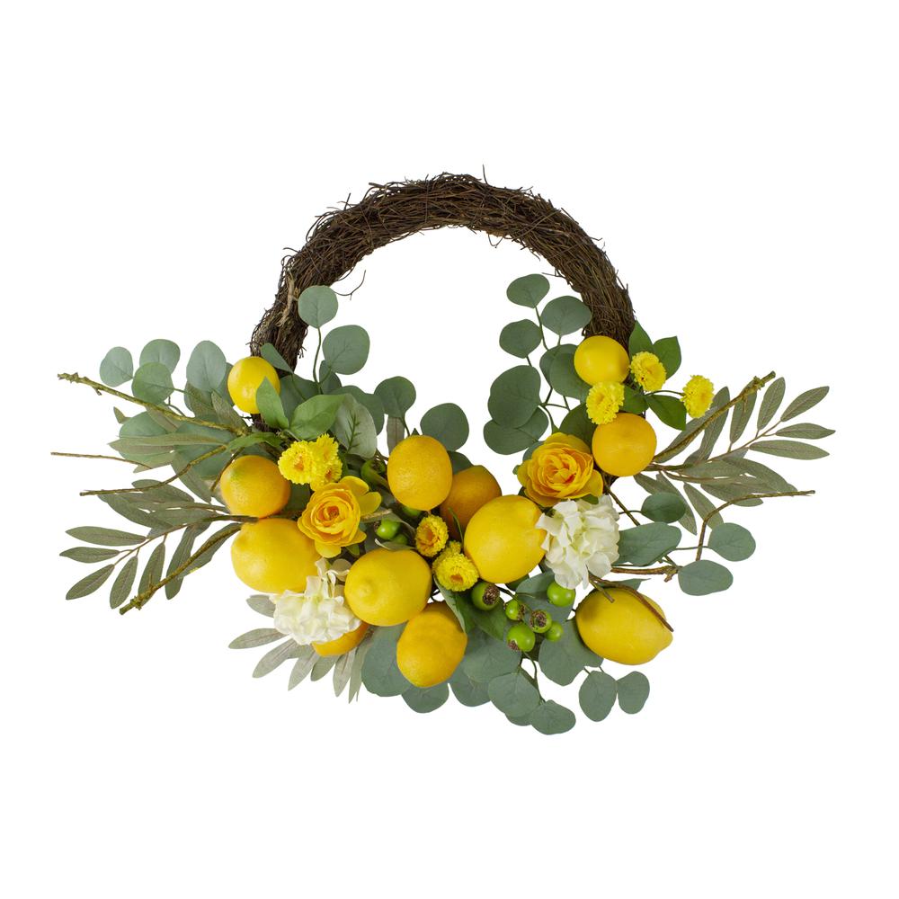 Lemons and Flowers Artificial Floral Spring Wreath, Yellow - 18-Inch. Picture 1