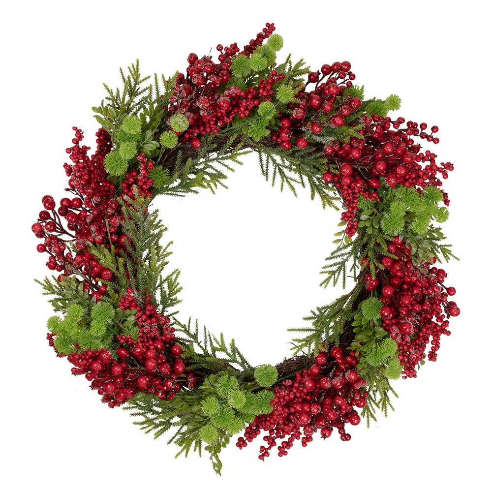 Red Berry and Frosted Pine Christmas Wreath  28-Inch  Unlit. Picture 1