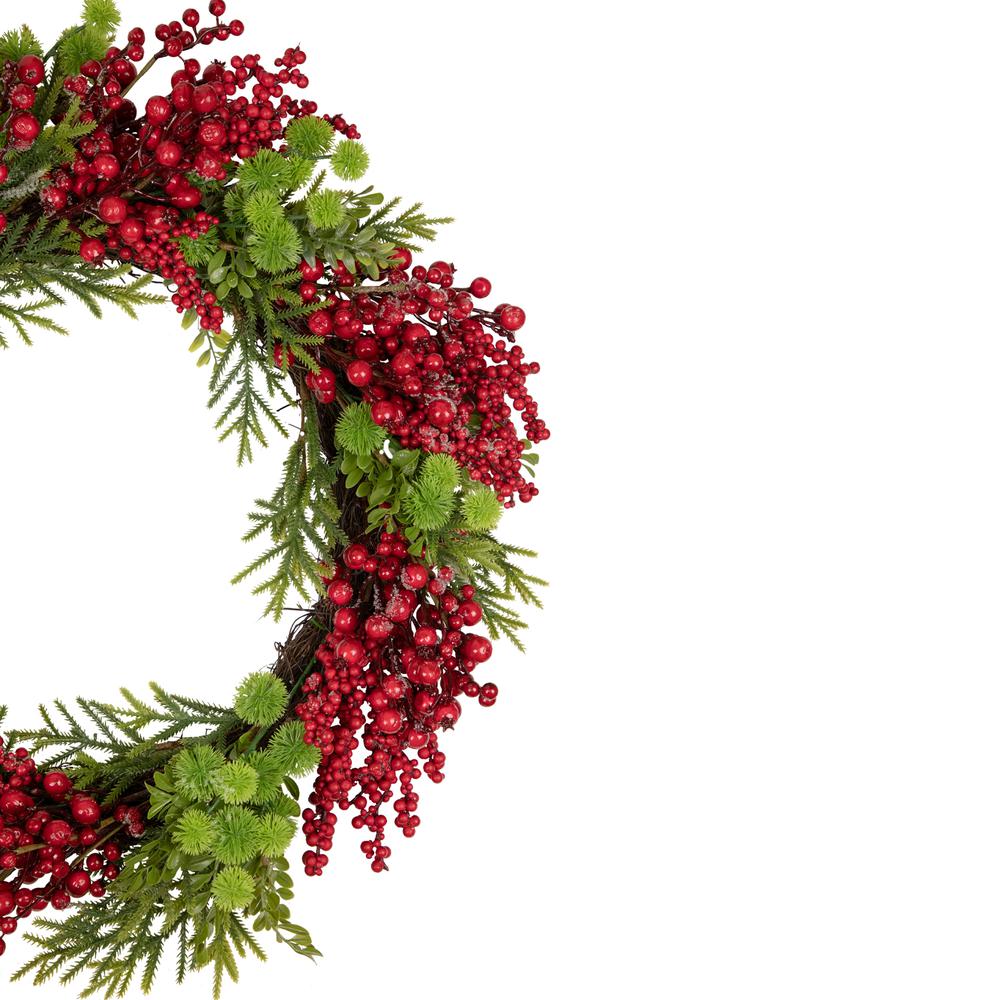 Red Berry and Frosted Pine Christmas Wreath  28-Inch  Unlit. Picture 4