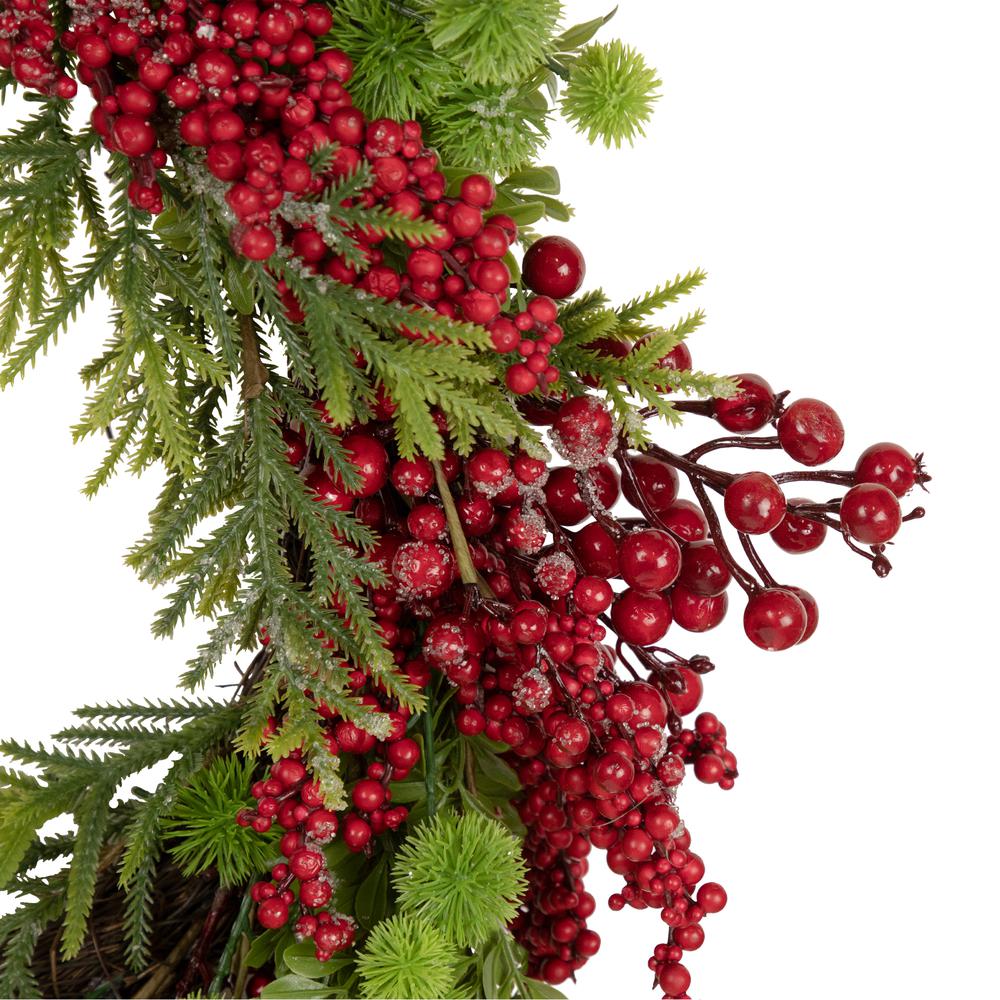 Red Berry and Frosted Pine Christmas Wreath  28-Inch  Unlit. Picture 3