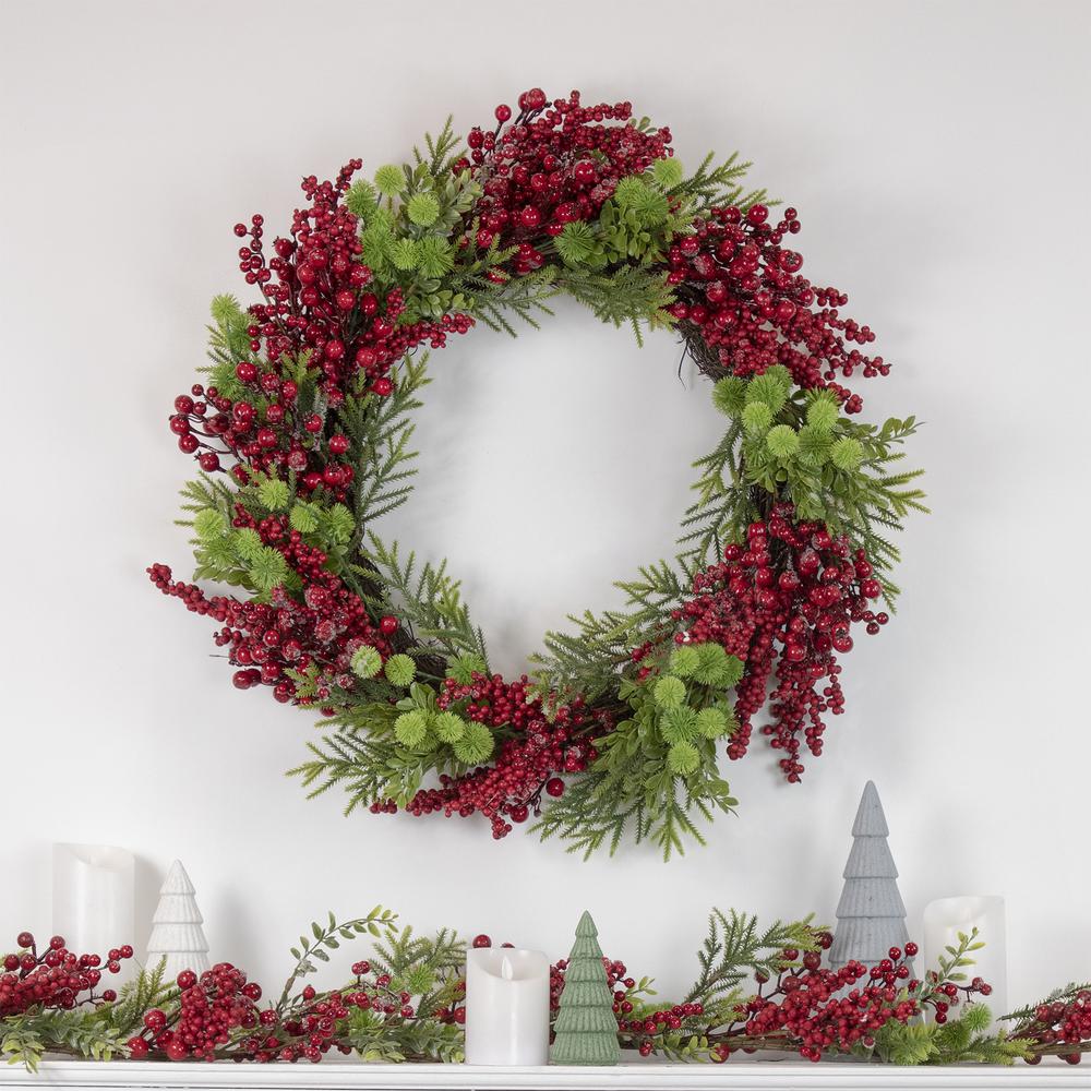 Red Berry and Frosted Pine Christmas Wreath  28-Inch  Unlit. Picture 2