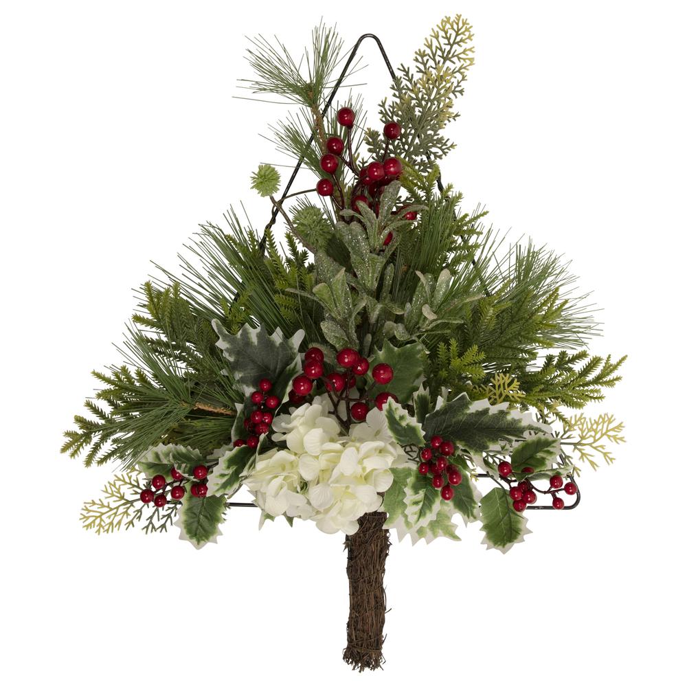 24" Pine Christmas Tree Wall Hanging Decoration with Berries and Holly. Picture 1