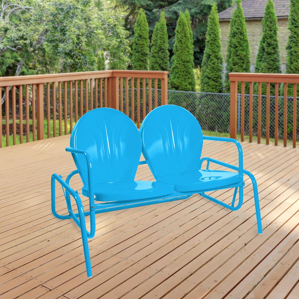 2-Person Outdoor Retro Metal Tulip Double Glider Patio Chair  Turquoise Blue. Picture 2